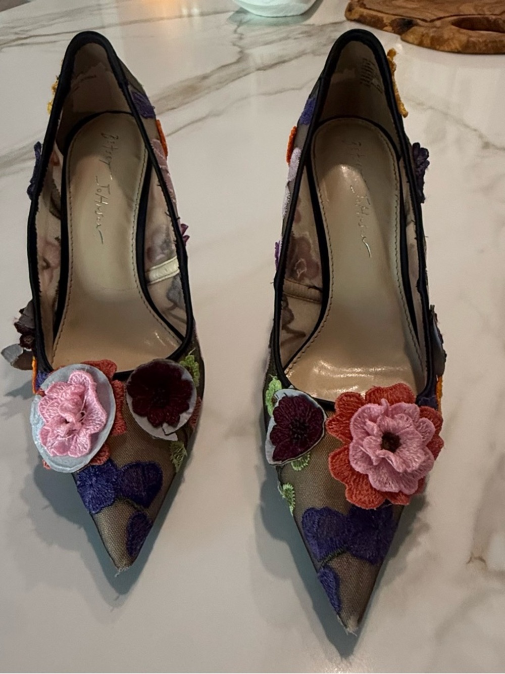 Betsey Johnson Multi-Color Floral Embroidered Pointed-Toe Pumps with Silver Heel